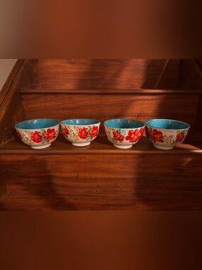 The Pioneer Woman Red Floral Ceramic Bowls with Turquoise Interior (Set of 4)